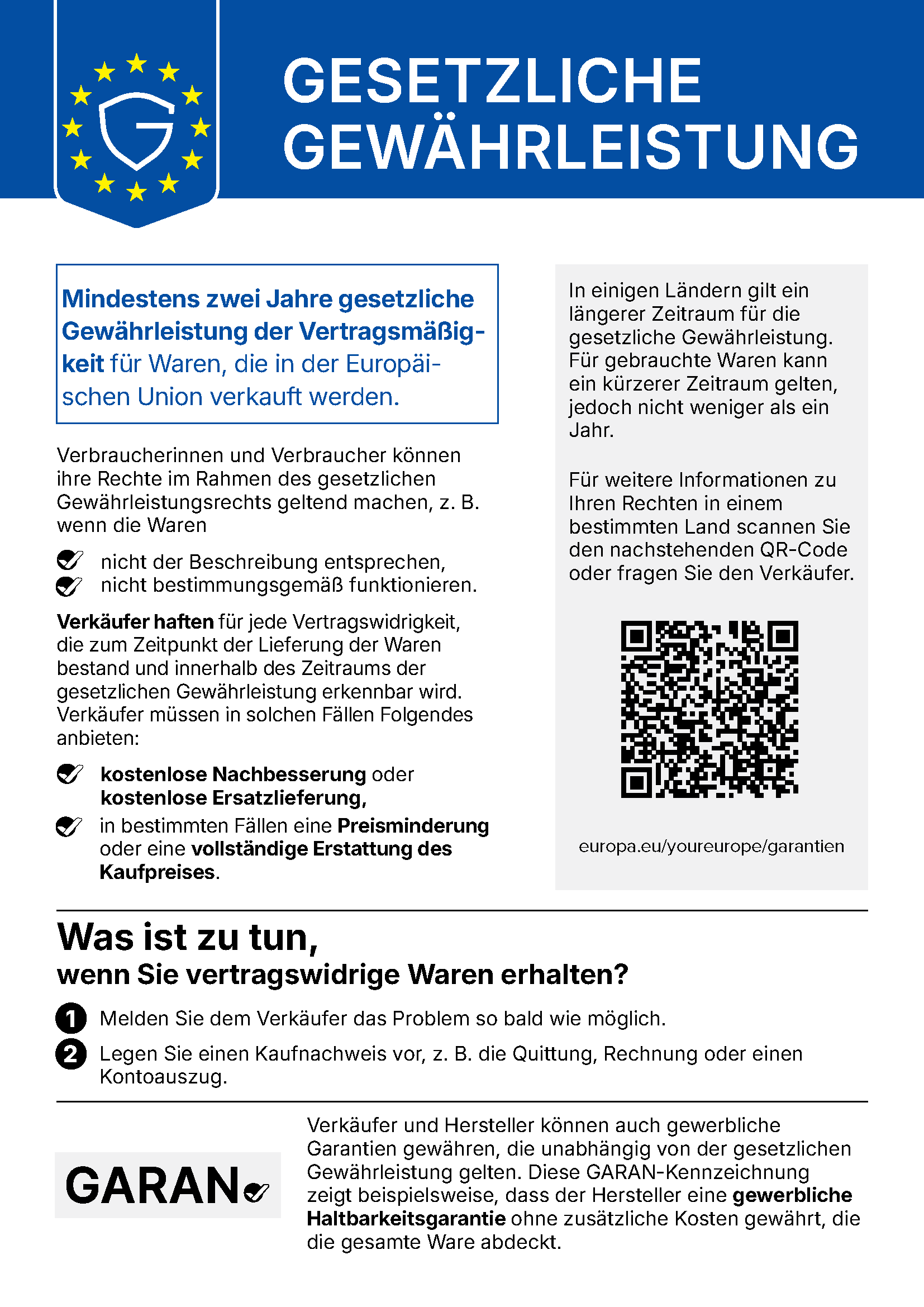 Gesetzliche Gewährleistung: Mindestens zwei Jahre gesetzliche Gewährleistung der Vertragsmäßigkeit für Waren, die in der Europäischen Union verkauft werden. Der vollständige Wortlaut steht neben der Grafik.